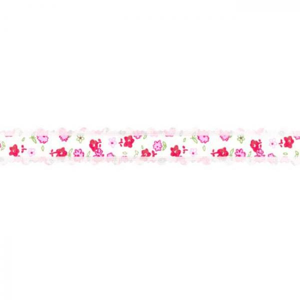 Bedrucktes Baumwoll Band mit Blüten und Spitze in Rosa